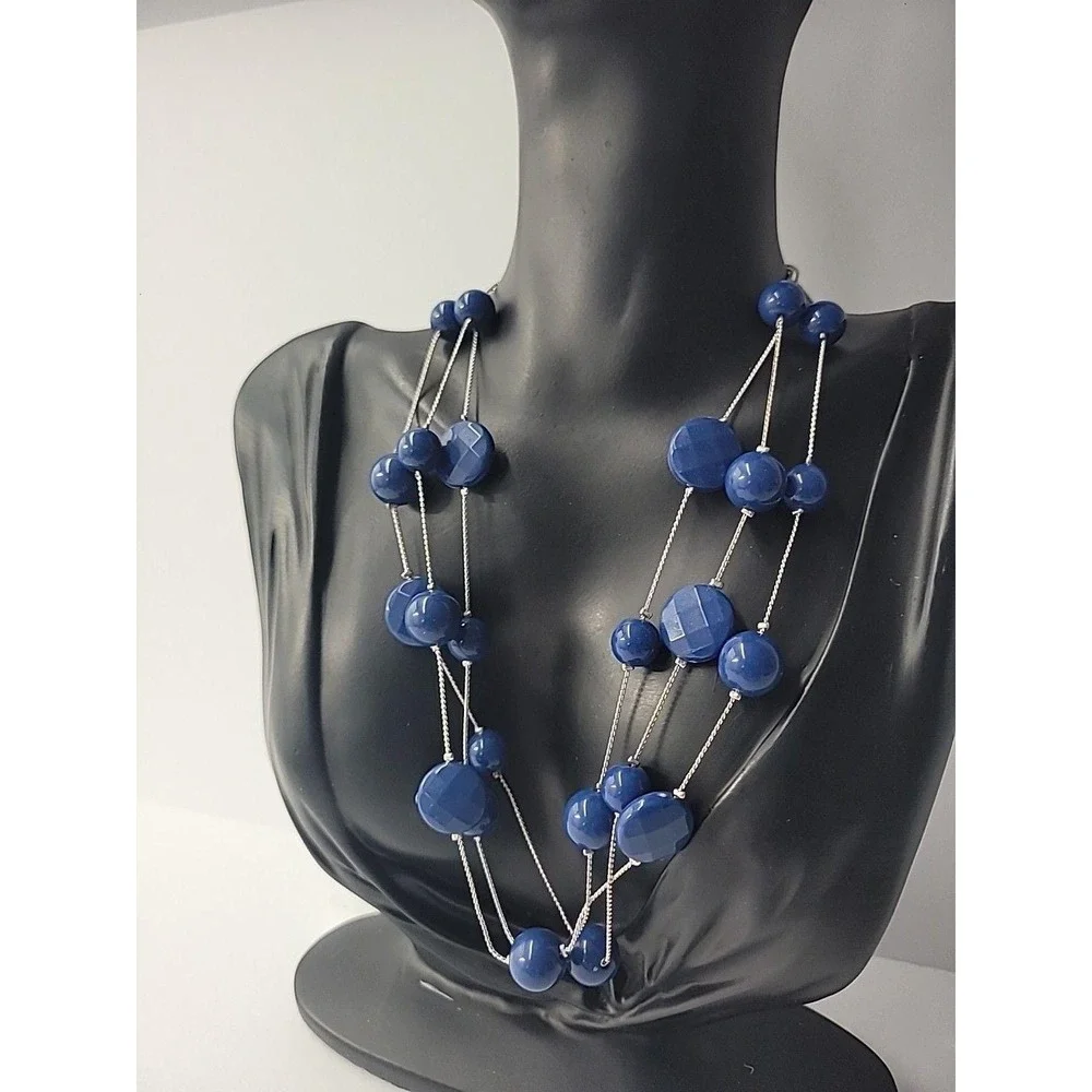 Vintage Blue Bead Multi Strand Silver Tone Necklace‎ Long Layered Statement